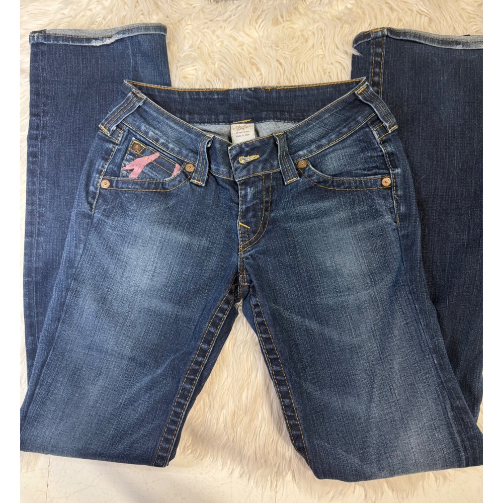 True Religion Womens Pink Painted Horseshoe Logo Straight Leg Jeans Dark Wash 28 - Picture 2 of 3